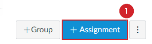 Add assignment in Canvas This screenshot shows the +Assignment button in Canvas which will create a new assignment within the course.