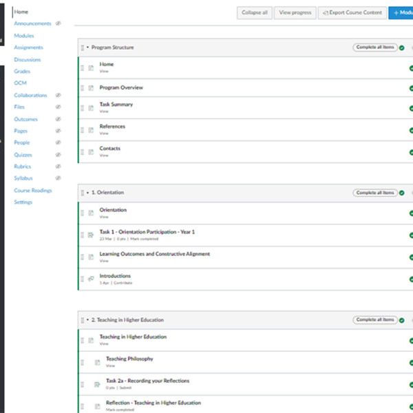 Listing of Canvas Modules - Course Site Quality Principles