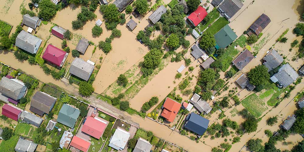 Aerial shot of flooded town