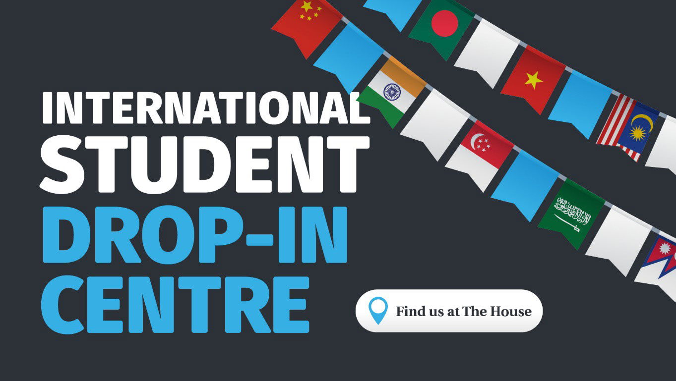 This image is a graphic that states "international drop in centre" and alludes to the location of the drop in centre, The House. There is also banners with international country flags on them. 