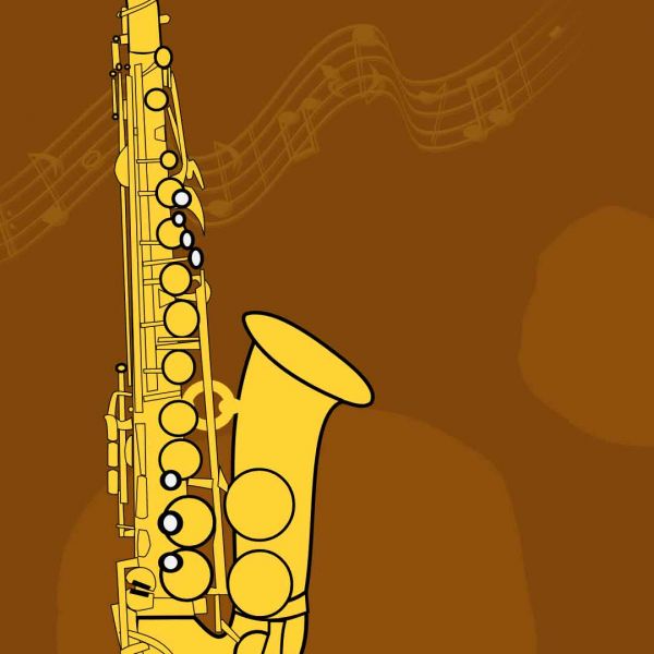 cartoon saxophone with brown background