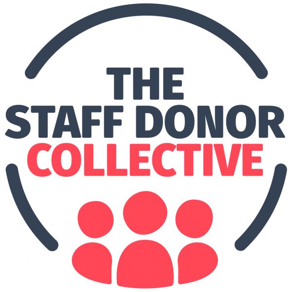 Three orange people icons with a black outline and text that says The Staff Donor Collective 