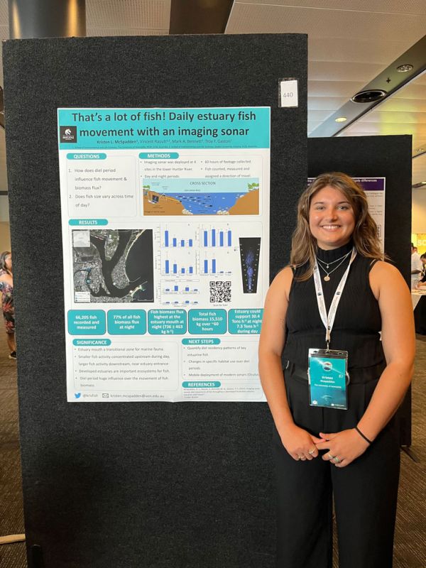 Kristen alongside a scientific poster titled 'That’s a lot of fish! Daily estuary fish movement with an imaging sonar' at a conference.