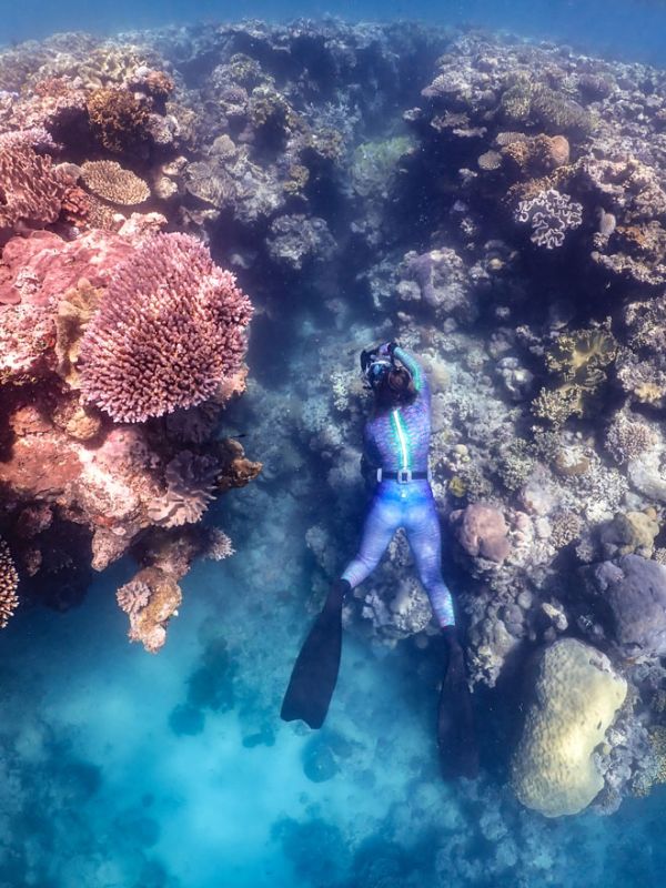 Kristen diving underwater near vibrant coral reefs in clear blue water.
