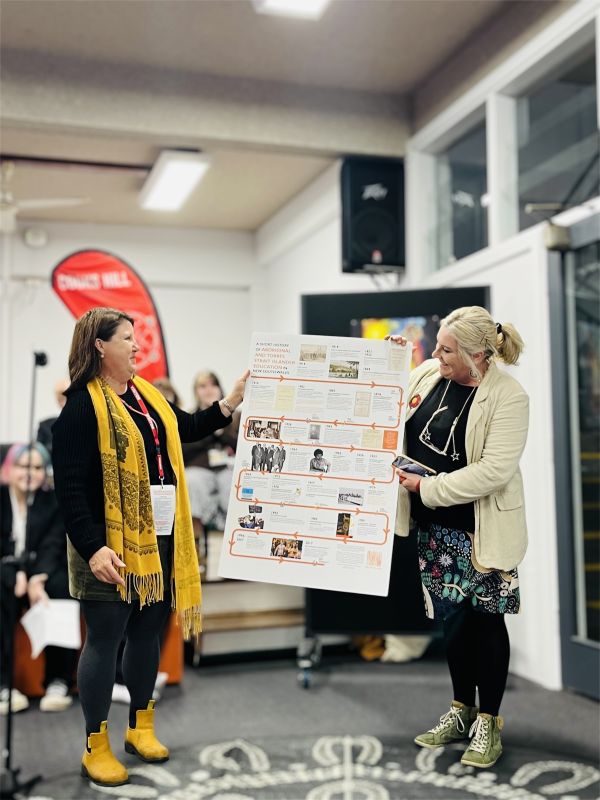 Long shot at an inside school assembly of two women, one woman is presenting a poster to another woman 