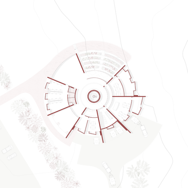 Architectural floor plan of a circular structure with radiating sections. Red lines outline rooms and curved pathways, surrounded by tree icons and parked cars.