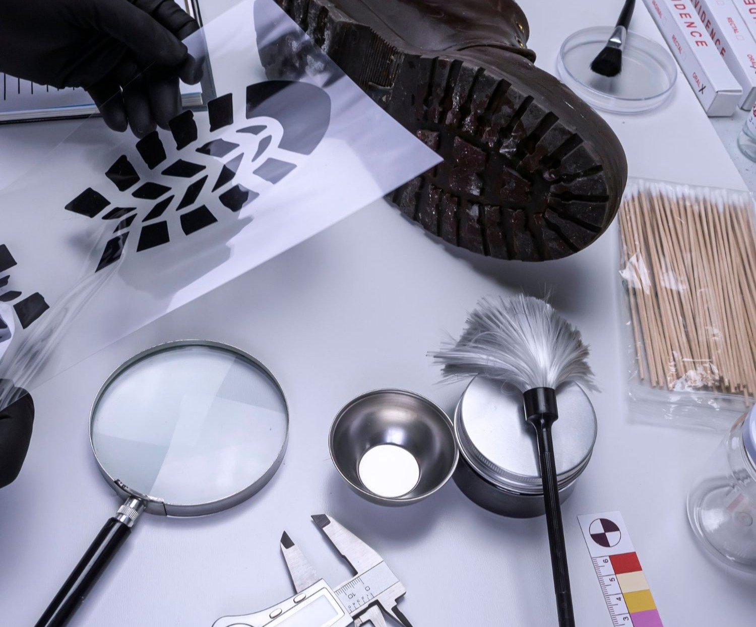 magnifying glass, foot print, dust brush