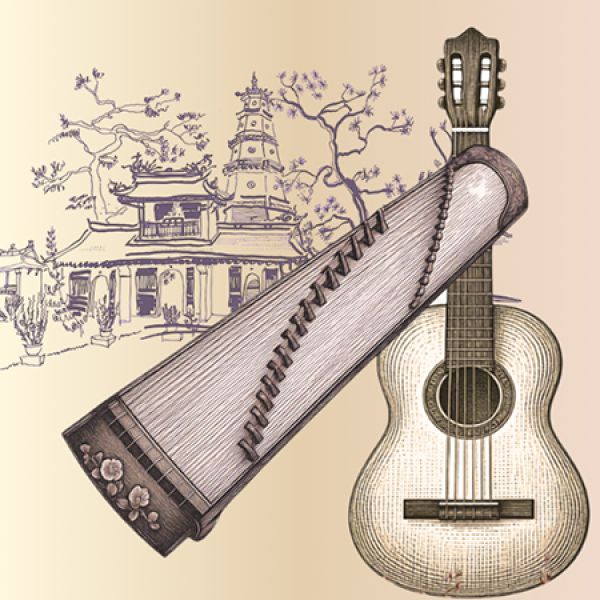 llustrated guzheng and classical guitar arranged diagonally over a sepia-toned drawing of a traditional pagoda and trees, blending Eastern and Western musical elements.
