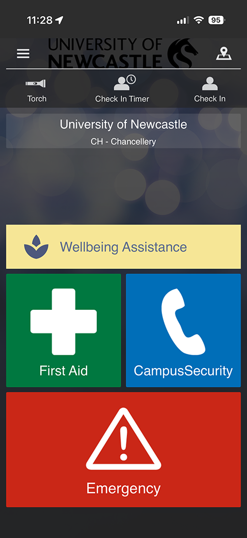 afeZone app home screen showing wellbeing assistance options for the University of Newcastle Callaghan Campus, with buttons for First Aid, Security, and Emergency.