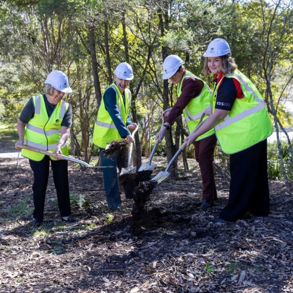 The Hon. Patricia Forsythe Chancellor, Sonia Hornery MP, COO Morvern Cameron and Student Chloe Opie, turning the first sod on the new student accomodation at the Callaghan Campus