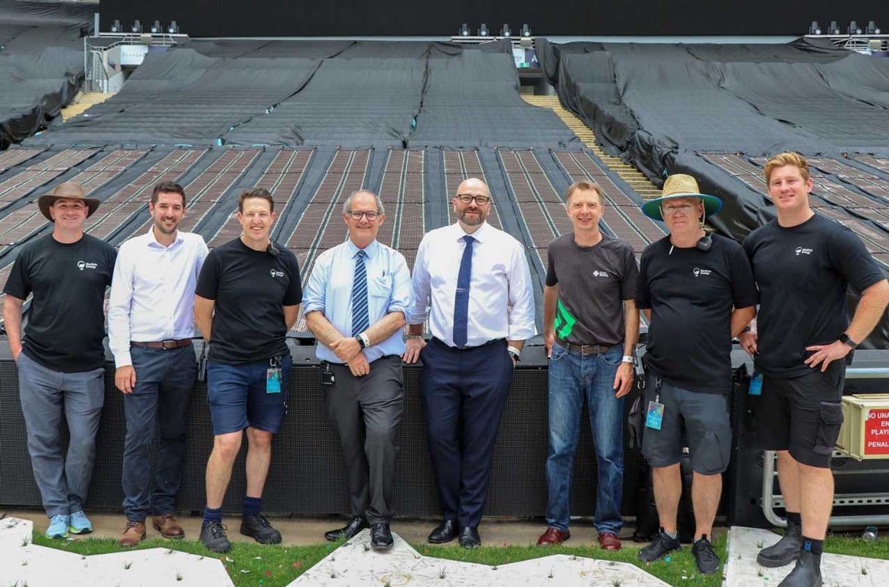 Members of the University of Newcastle’s Centrebackstage at a Sydney Coldplay concert with the printed solar panels