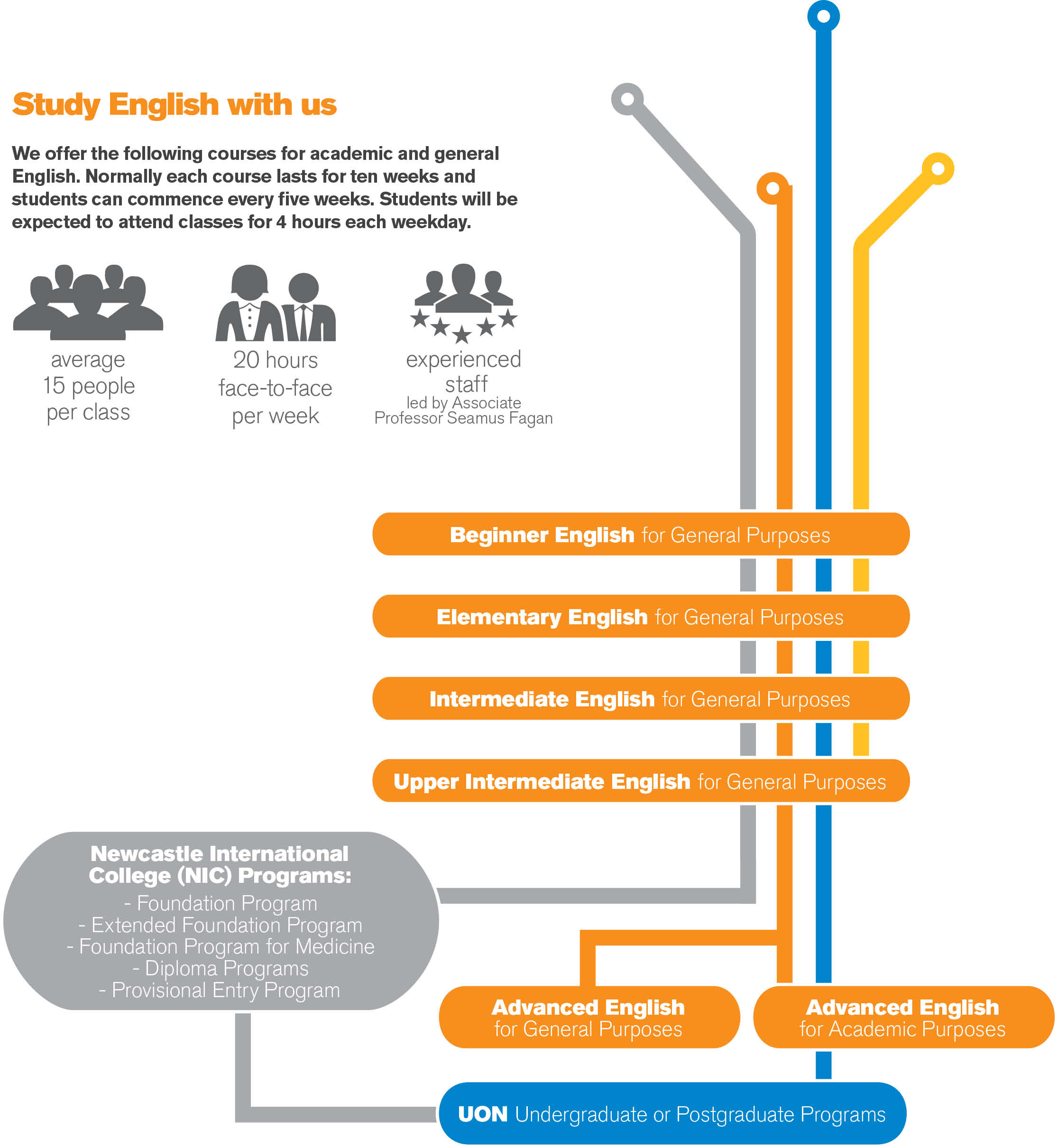 Diagram of pathways students can take from ELICOS to NIC and UoN programs