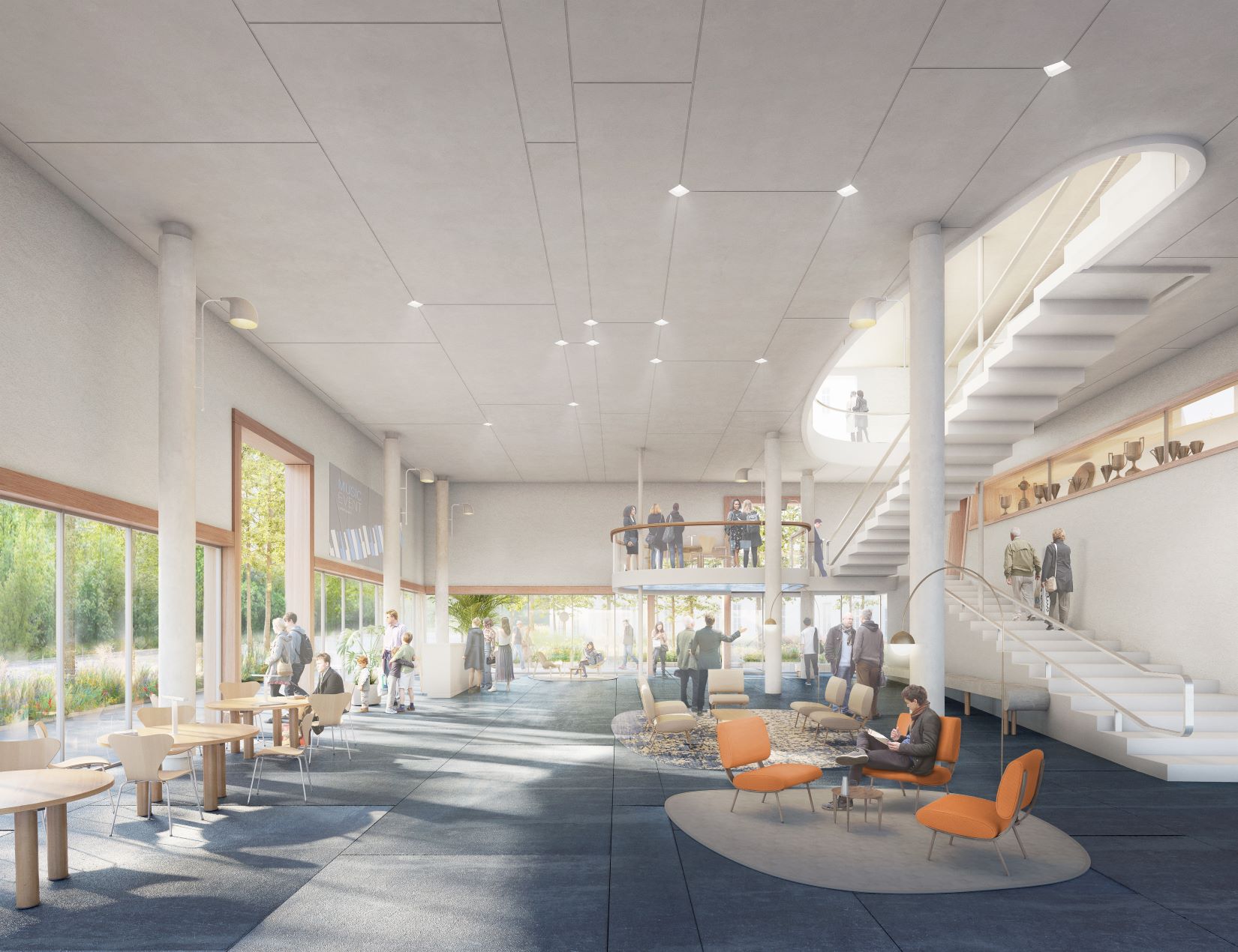 A render of the inside of alumni house daytime