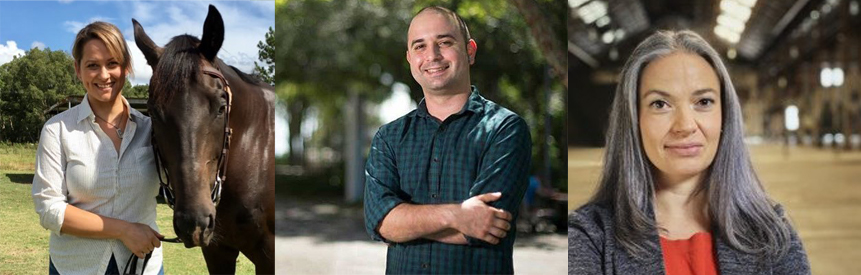 Image shows three people left to right a woman, Zamira Gibb stands next to a horse, David Farrugia stands with his arms crossed looking at the camera and Hannah Schunker is a close crop head shot of her looking at the camera.