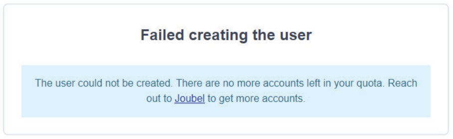H5P Licence Limit This screenshot shows the 'Failed creating the user' error message you will receive if there are no free licenses for H5P