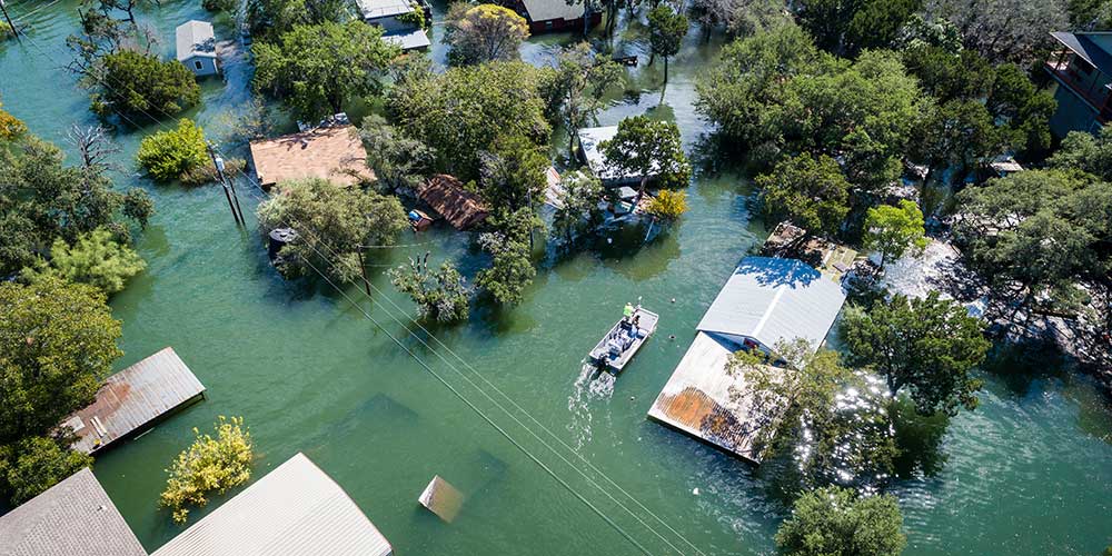 Aerial shot of flooded town. 