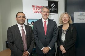 Professor Sandeep Gopalan, Dean, Newcastle Law School; The Hon Mark Dreyfus QC, MP; Ms Sharon Claydon MP, Member for Newcastle. Guest Lecture: The Hon Mark Dreyfus QC, MP