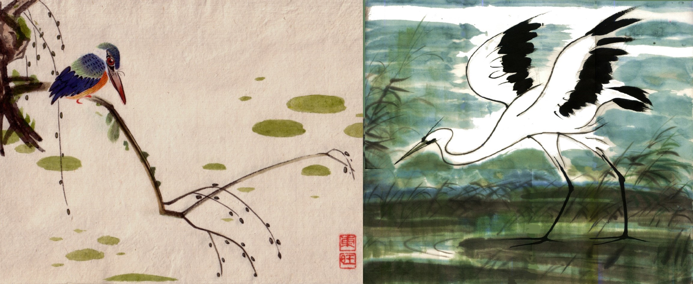 Two paintings of birds in wetlands