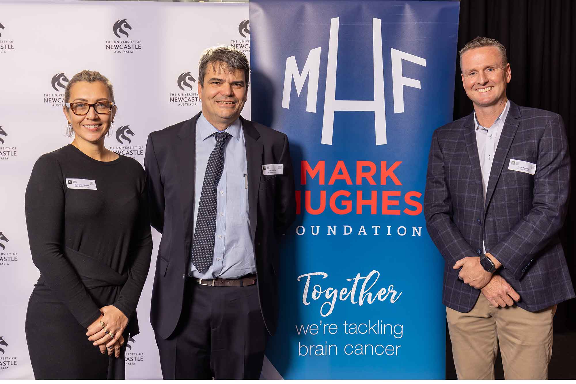 MHF Centre for Brain Cancer Research Symposium Kirralee Hughes, Professor Mike Fay and Mark Hughes