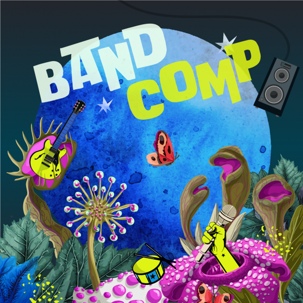 Graphic of carnivorous plants swallowing musical instruments and a hand holding a microphone. A huge full moon is in the background and the text reads 