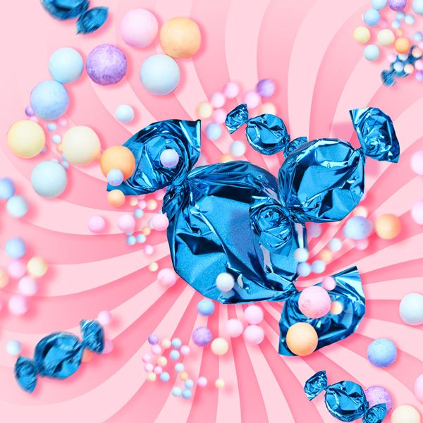 Pink and blue graphic showing lollies wrapped in blue and colourful bubbles
