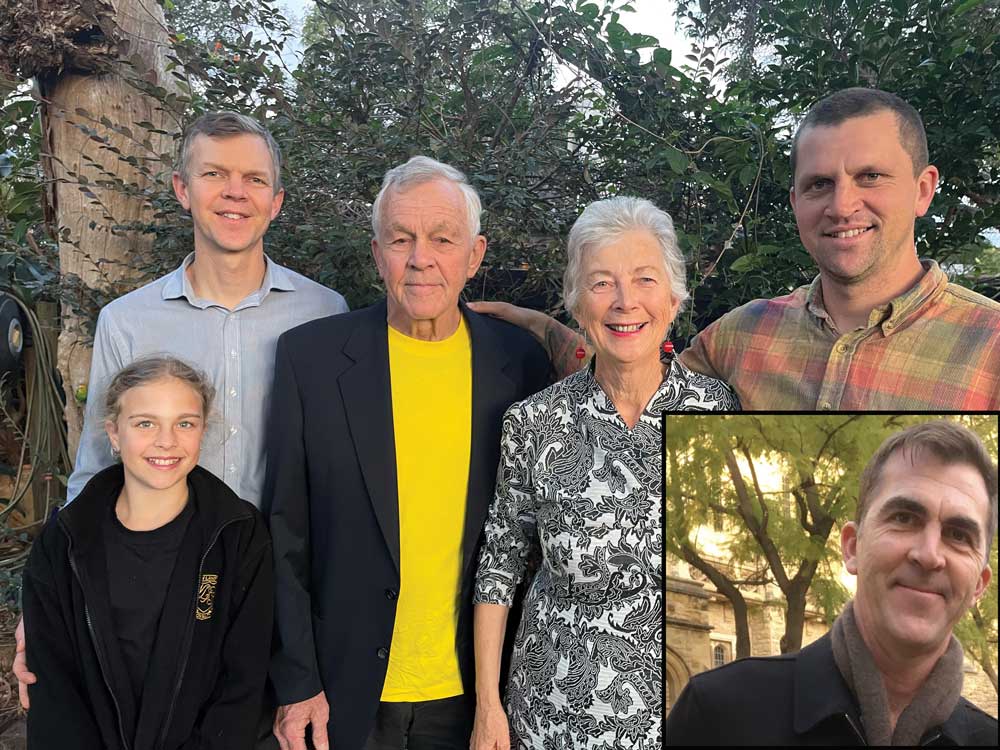 Nicholas Zdenkowski (BMed, 2005; GC Clin Ep, 2013; GD Clin Ep, 2014), Wren Zdenkowski, Andrew Zdenkowski, Sue Outram (PhD, 2002), and Mikhail Zdenkowski (BEnScMgt, 2012); inset: Matthew Zdenkowski (BSc (Aviation), 1992; DipAvSc, 1991). Family group smiling at camera, outside