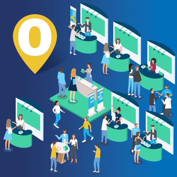 Cartoon graphic of stalls in a large room with people wandering around.