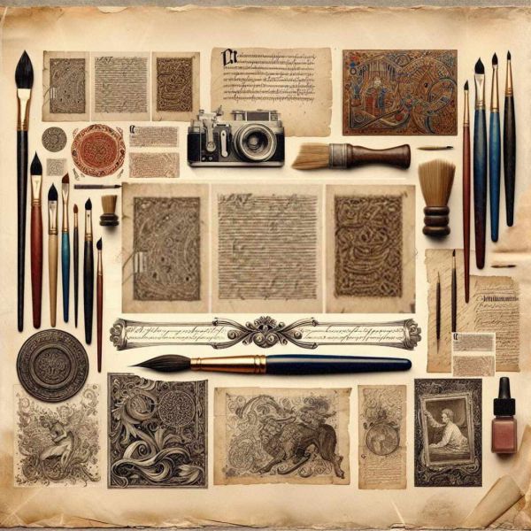 Old manuscripts, paint brushes, an old analogue camera and other art supplies
