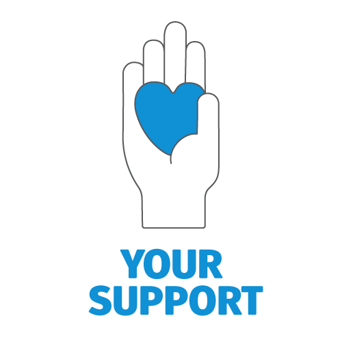 Your support logo, a hand holding a blue heart with the text 'Your support' underneath it. 