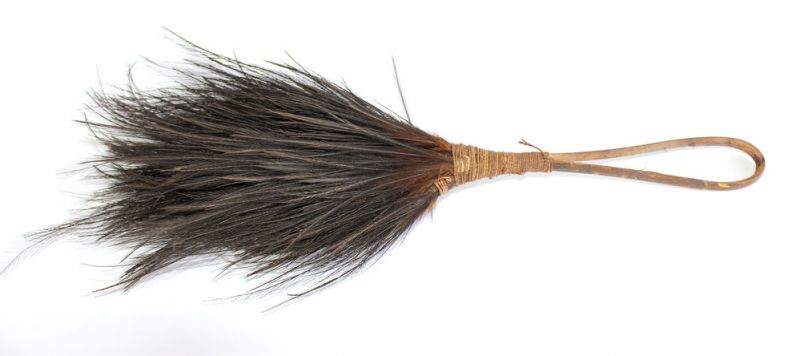 Cassowary feathers with twisted rope, wooden handle