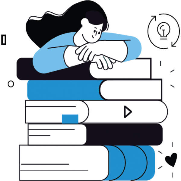 Line drawing of student leaning over stack of books
