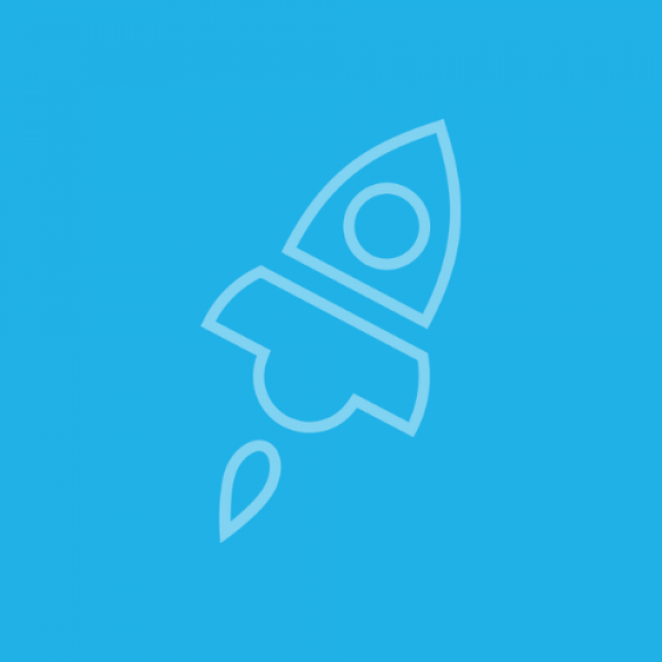 Light blue drawing of rocket on darker blue background