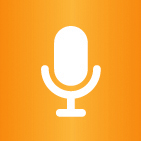 An orange digital‑themed background with a microphone icon