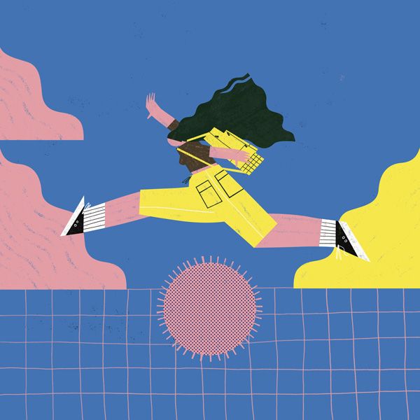 illustration of a female student leaping over a sunrise
