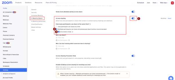 A screenshot taken from the Zoom web portal that shows 'screen sharing' options within the basic 'in-meeting' settings.