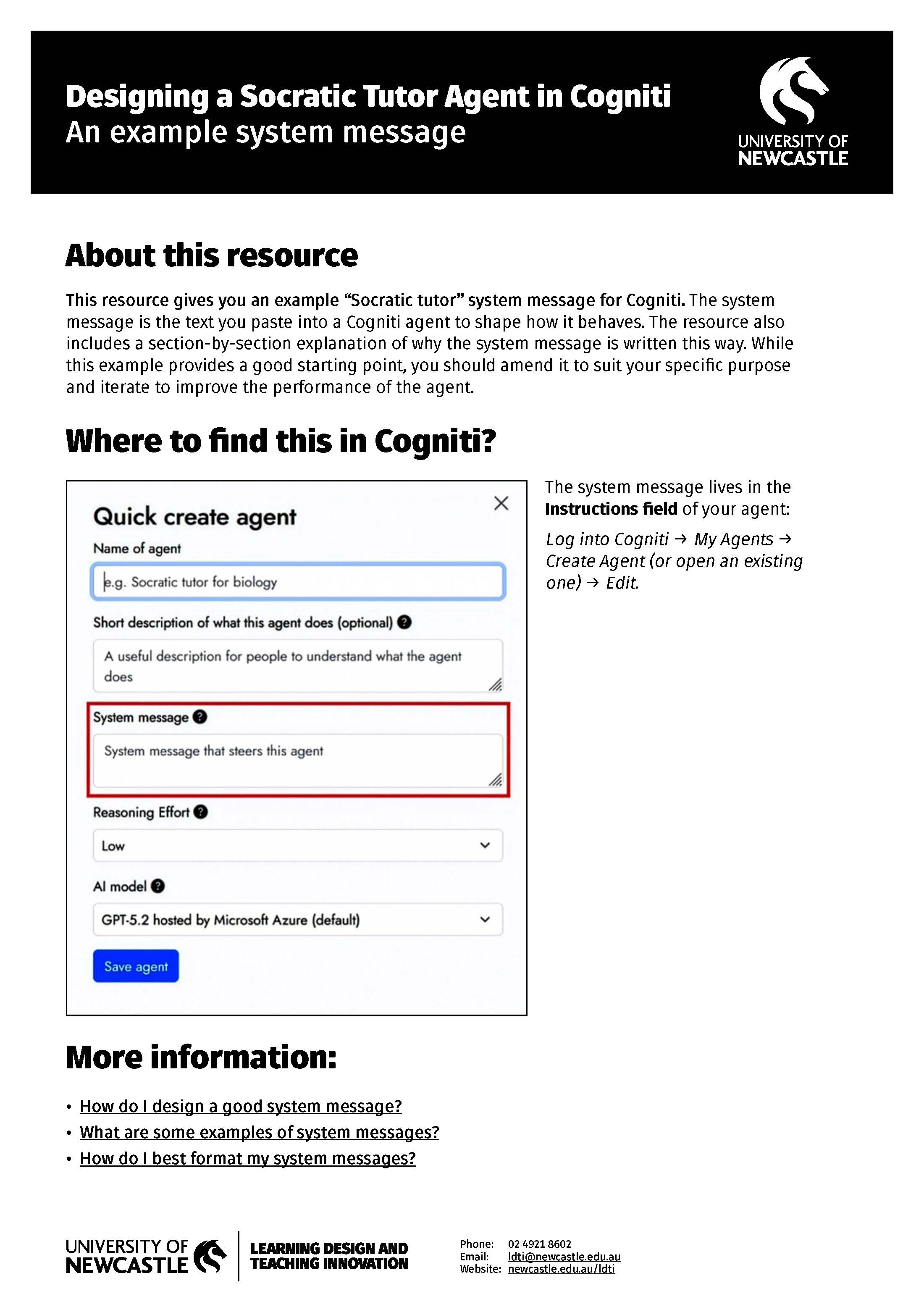 A screenshot of the PDF which is linked, showing an example 'Socrative Tutor' system message in Cogniti.