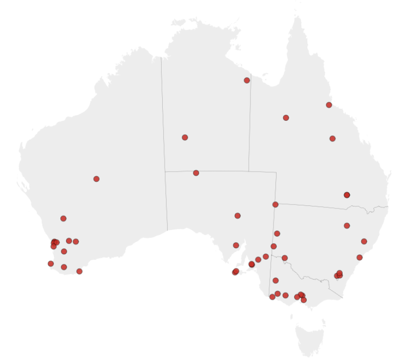 A map of Australia, with red dots indicating the location of safe havens in the country