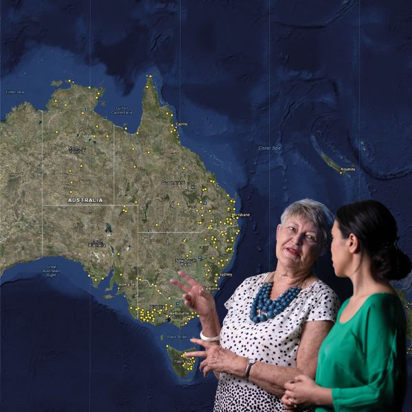Professor Lyndall Ryan with the map of Australia showing the colonial massacres. True extent of colonial frontier massacres revealed as new sites added to interactive map