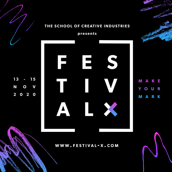 Festival X logo - white square and writing with black background. Virtual window into students’ creative minds: Festival X 