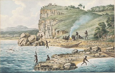 An artwork depicting Aborigines spearing fish, others diving for crayfish, a party seated beside a fire cooking fish at what is now known as Mereweather Beach, NSW
