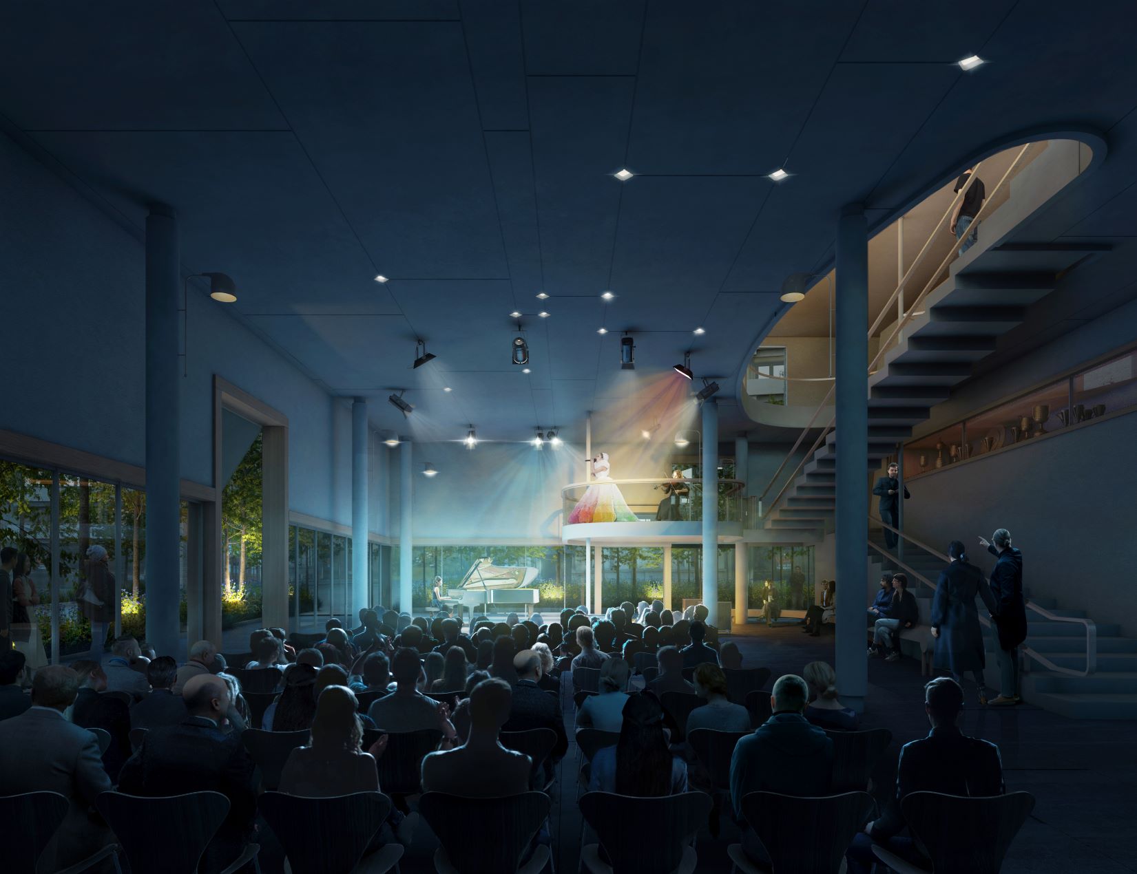 A render of the inside of alumni house nighttime