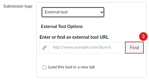 Find an external tool URL This screenshot shows where to select the 'Find' button to search for an external tool.