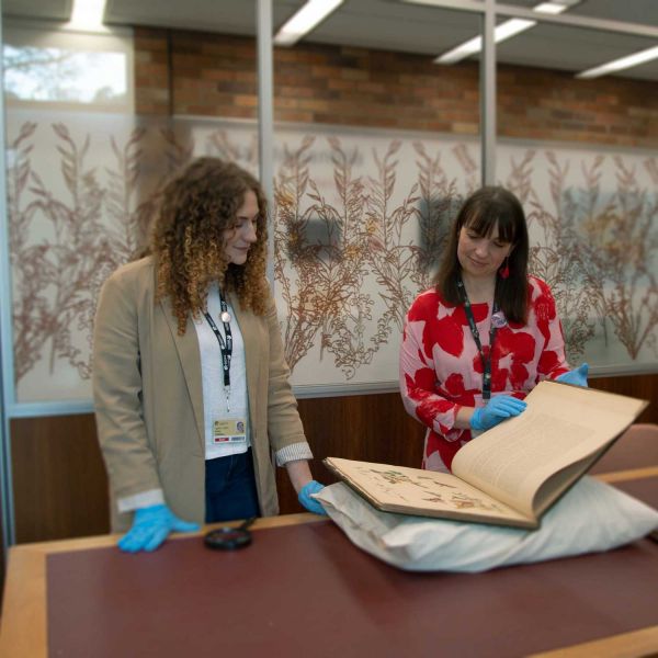 Emily Connell (left) is pictured here looking at “Australian Lepidoptera and their Transformations” from 1864 with Paige Wright (right), Manager, Special Collections.