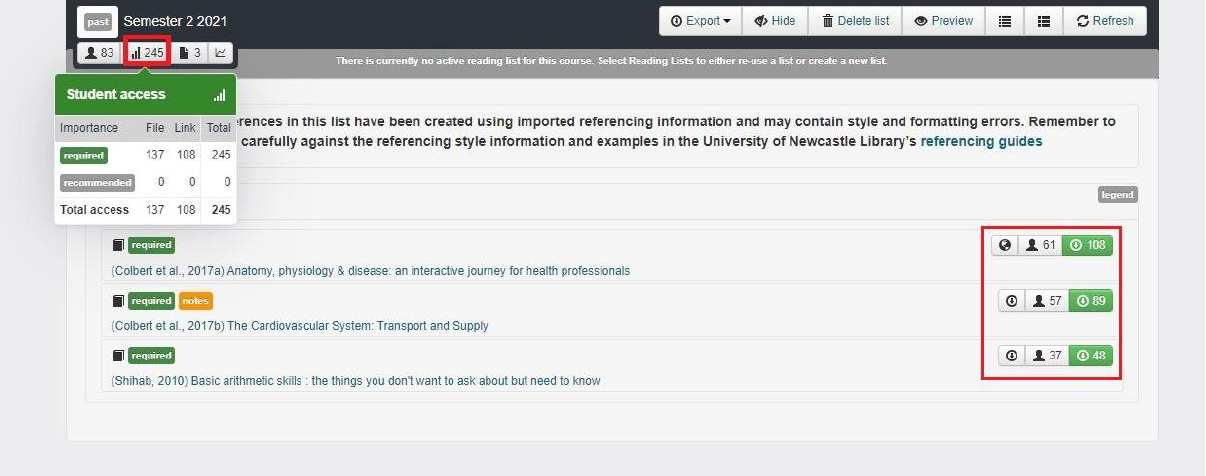Screenshot of the student access tool in course readings