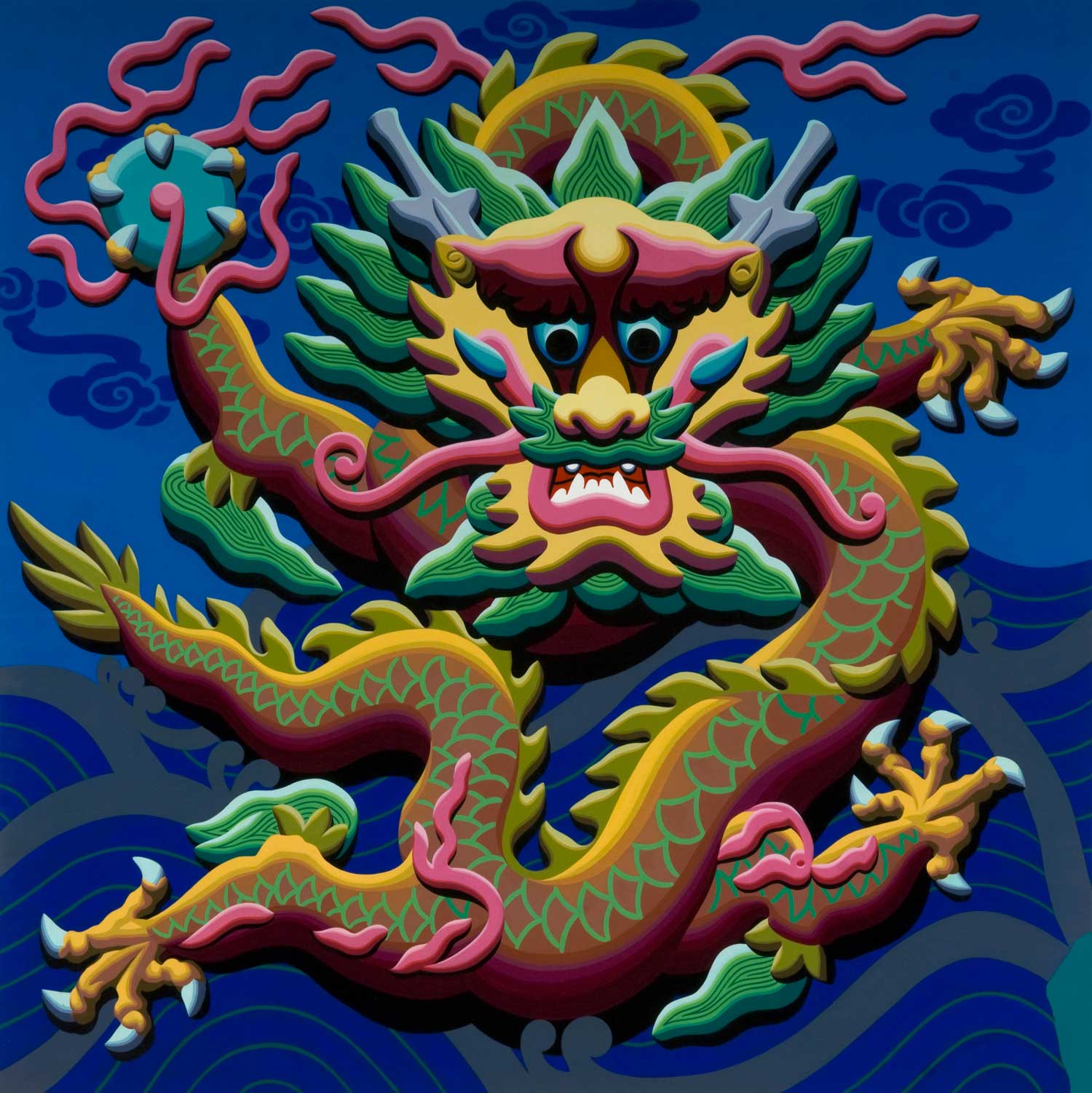 An image of a vibrant Chinese-style dragon with raised surfaces, depicted in a flat two-dimensional form. The dragon's body is curved, with a long and sinuous neck, and it is depicted in vibrant shades of red, gold, and green. The scales and other details of the dragon's body are raised, giving the impression of a textured surface. The dragon's head is adorned with large, expressive eyes, a sharp snout, and a mane of flowing hair. The overall effect is one of dynamic movement and energy, capturing the essence of this legendary creature in a visually striking way.