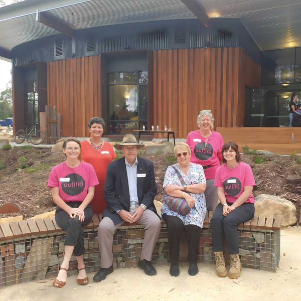 Bob Kennedy AM and Terry Kennedy, shown here at the opening with out(fit) staff and project architect Caroline Pidcock (pictured at back left), generously supported the construction of the Yarning Circle.