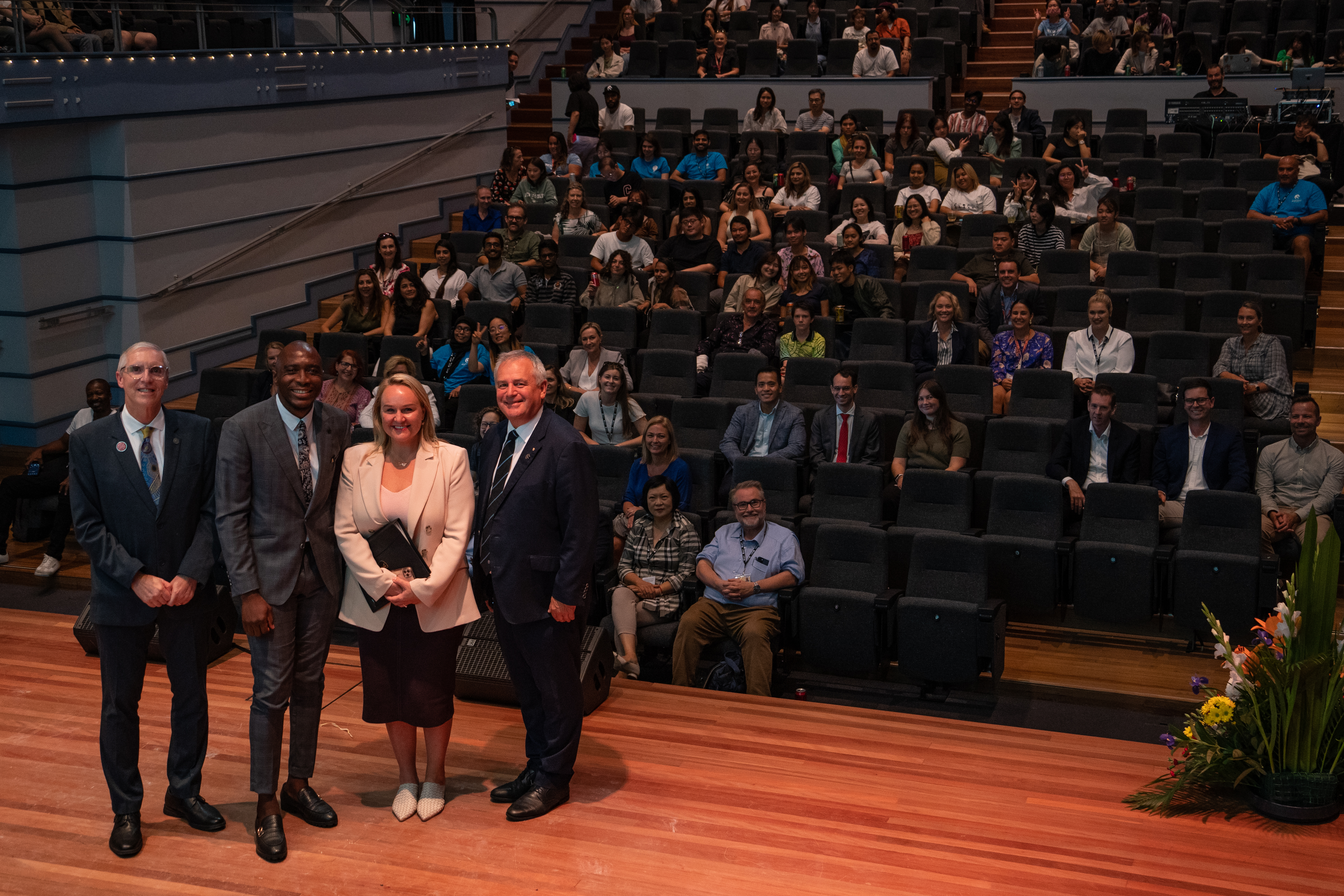 Professor John Fischetti, Nigerian student Samson Usman, Newcastle Lord Mayor Nuatali Nelmes and Vice-Chancellor Alex Zelinsky