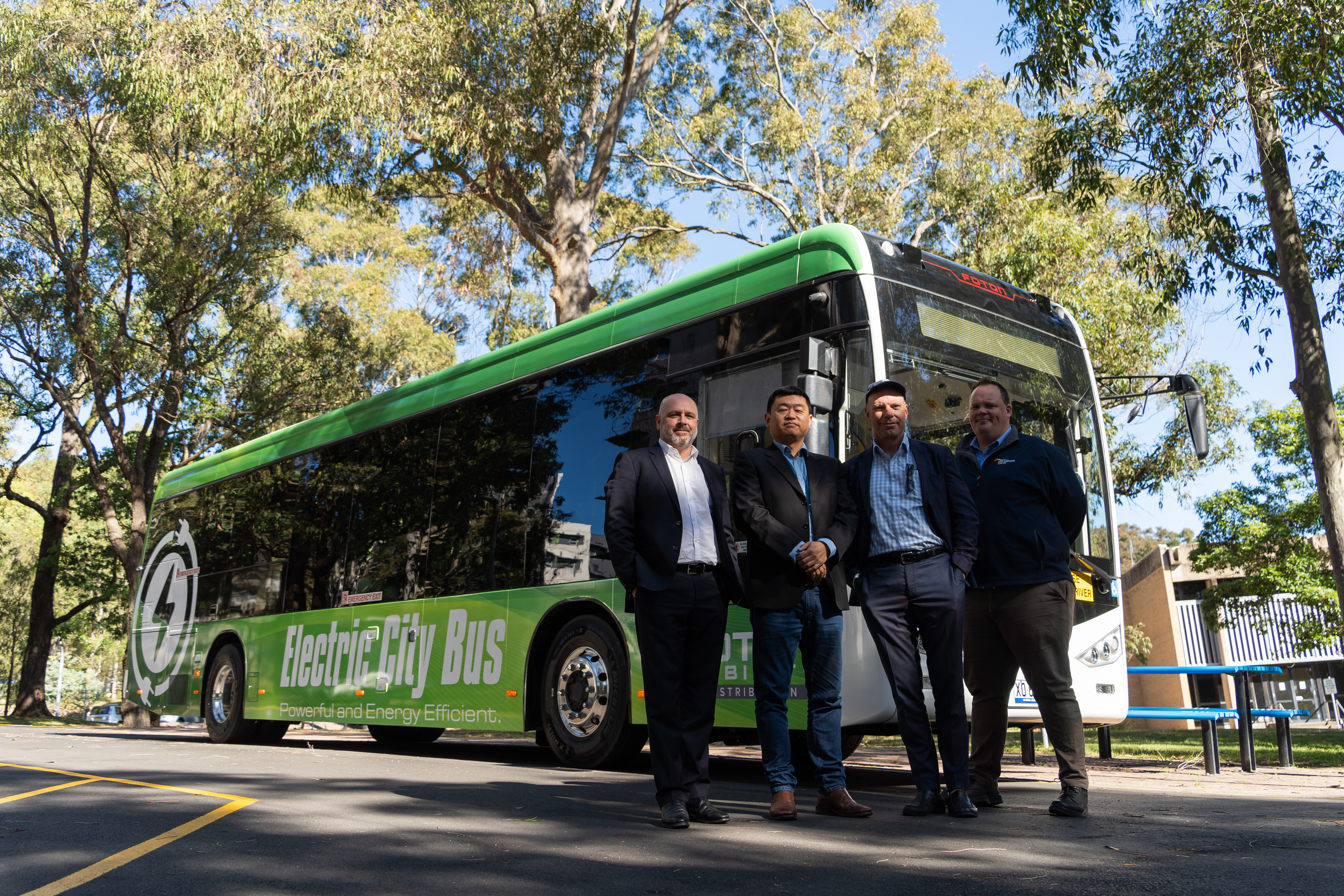 L-R - Stephen Johnston Director IFS, Neil Wang - CEO Fonton Mobility Distribution, Warwick Dawson PVC Industry & Engagement, Simon Gayler Port Stephens Coaches Operations Manager 