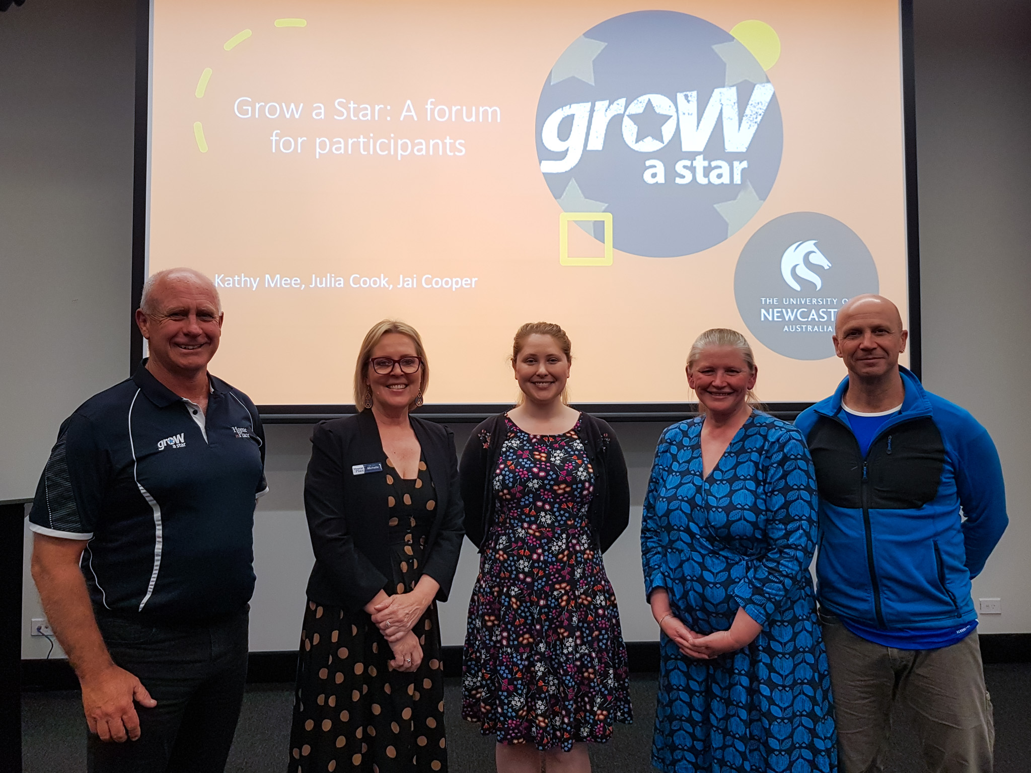 Shane Marshall (Grow a Star), Michelle Faithful (Grow a Star), Dr Julia Cook (UON), A. Prof. Kathy Mee (UON) and Dr Jai Cooper (UON) Left to Right - Shane Marshall (Grow a Star), Michelle Faithful (Grow a Star), Dr Julia Cook (UON), A. Prof. Kathy Mee (UON) and Dr Jai Cooper (UON) at the Grow a Star research launch event