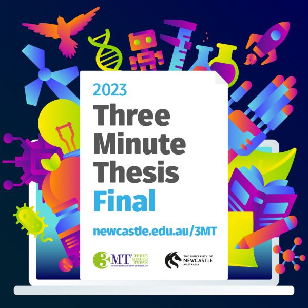 3MT Final 2023 Three Minute Thesis written in white box with colourful icons around, with a dark blue background